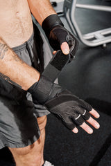 Series-2 Fingerless Leather Men's Weightlifting Gloves with Full Palm Protection and Velcro Wrist Strap