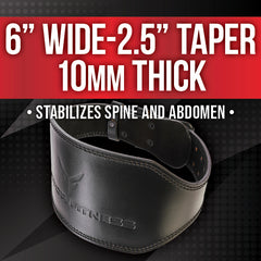 100% Top-Grain Leather 10mm Thick 6” Wide to 2.5” Taper Heavy-Duty Dual Prong Weightlifting Belt made with Vegetable Tanned Leather