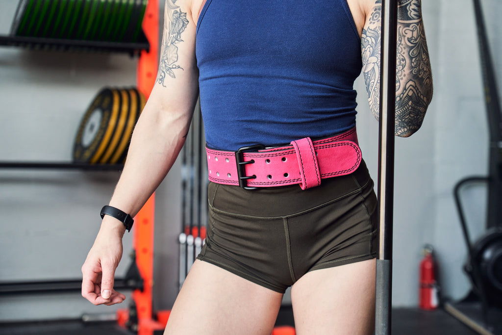 Top-Grain Leather 7mm Thick 4" Wide to 2.5" Taper Dual Prong Pink Women's Weightlifting Belt made with Vegetable Tanned Leather