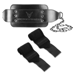 Top-Grain Leather 7mm Thick Dip Belt with Heavy-Duty Steal Chain and 18" Powerlifting Wrist Wraps