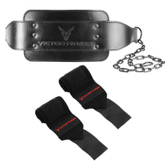 Top-Grain Leather 7mm Thick Dip Belt with Heavy-Duty Steal Chain and 18" Powerlifting Wrist Wraps