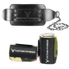 Top-Grain Leather 7mm Thick Dip Belt with Heavy-Duty Steal Chain and 18" Powerlifting Wrist Wraps