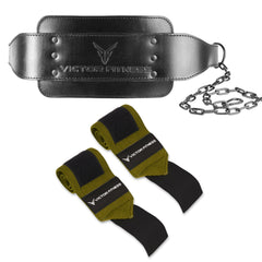 Top-Grain Leather 7mm Thick Dip Belt with Heavy-Duty Steal Chain and 18" Powerlifting Wrist Wraps
