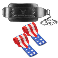 Top-Grain Leather 7mm Thick Dip Belt with Heavy-Duty Steal Chain and 18" Powerlifting Wrist Wraps
