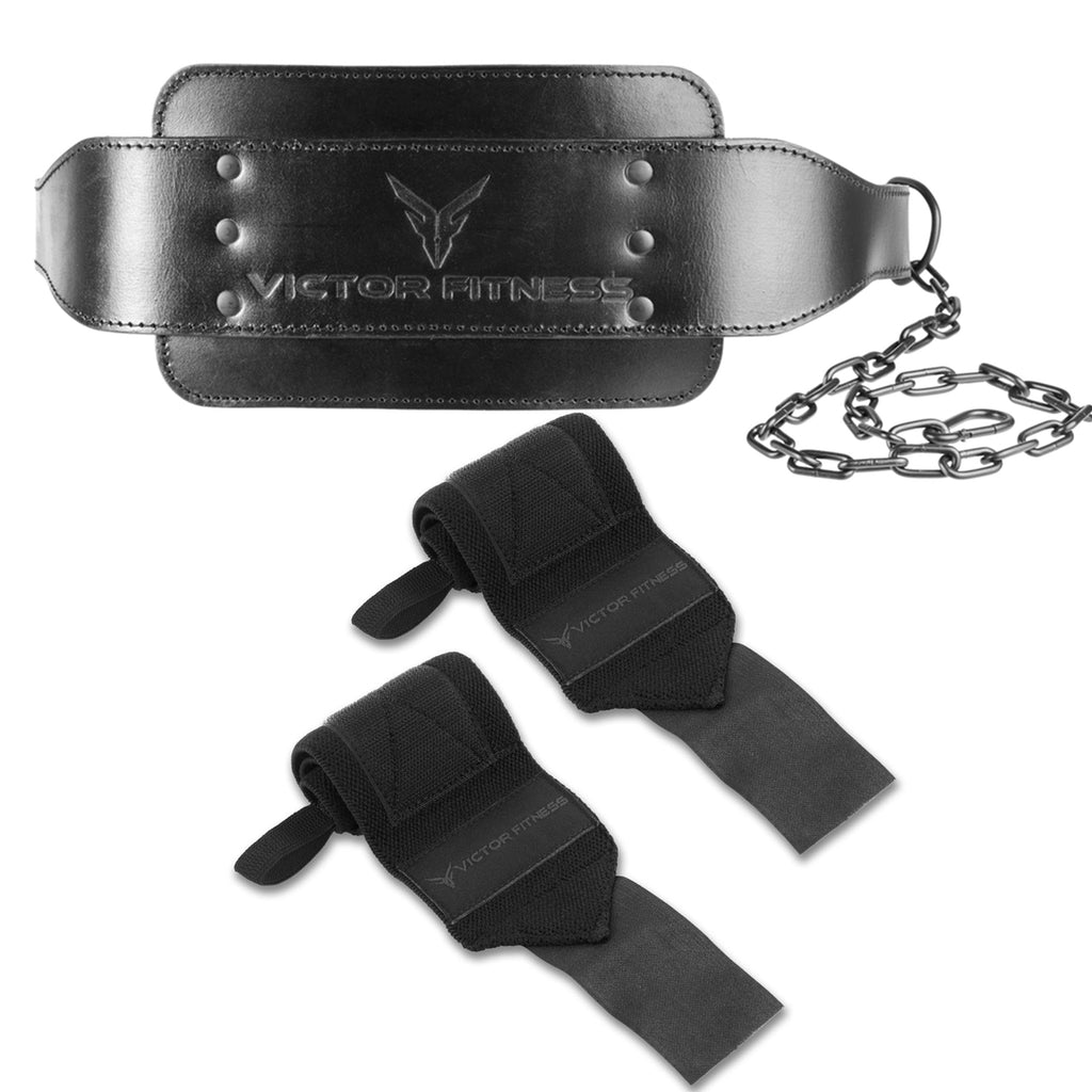 Leather Dip Belt with Heavy-Duty Steal Chain and 18" Powerlifting Wrist Wraps with Thumb Loops
