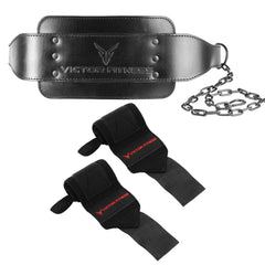 Leather Dip Belt with Heavy-Duty Steal Chain and 18" Powerlifting Wrist Wraps with Thumb Loops