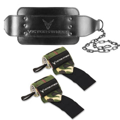 Leather Dip Belt with Heavy-Duty Steal Chain and 18" Powerlifting Wrist Wraps with Thumb Loops