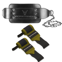 Leather Dip Belt with Heavy-Duty Steal Chain and 18" Powerlifting Wrist Wraps with Thumb Loops