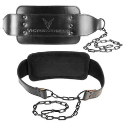 Leather Dip Belt with Heavy-Duty Steal Chain and 18" Powerlifting Wrist Wraps with Thumb Loops