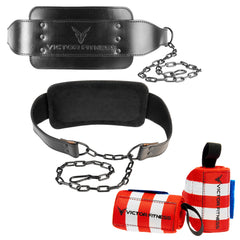 Leather Dip Belt with Heavy-Duty Steal Chain and 18" Powerlifting Wrist Wraps with Thumb Loops