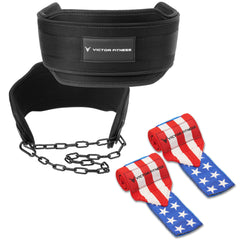 Neoprene Double Layer Universal Dip Belt with Heavy-Duty Steal Chain and 18" Powerlifting Wrist Wraps