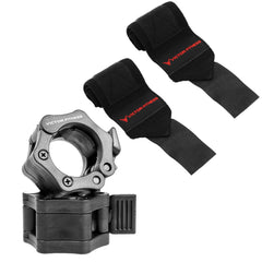 18" Powerlifting Wrist Wraps with 2” Olympic Quick Release Barbell Clamps with Locking Collar