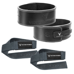 Top-Grain Leather Quick Adjustable Metal Lever Powerlifting Belt with 24" Padded Weightlifting Wrist Straps with X-Grip