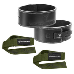 Top-Grain Leather Quick Adjustable Metal Lever Powerlifting Belt with 24" Padded Weightlifting Wrist Straps with X-Grip