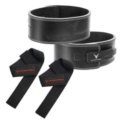 Top-Grain Leather Quick Adjustable Metal Lever Powerlifting Belt with 24" Weightlifting Wrist Straps