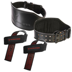 Top-Grain Leather Tapered Heavy-Duty Dual Prong Weightlifting Belt with 24" Padded Weightlifting Wrist Straps with X-Grip