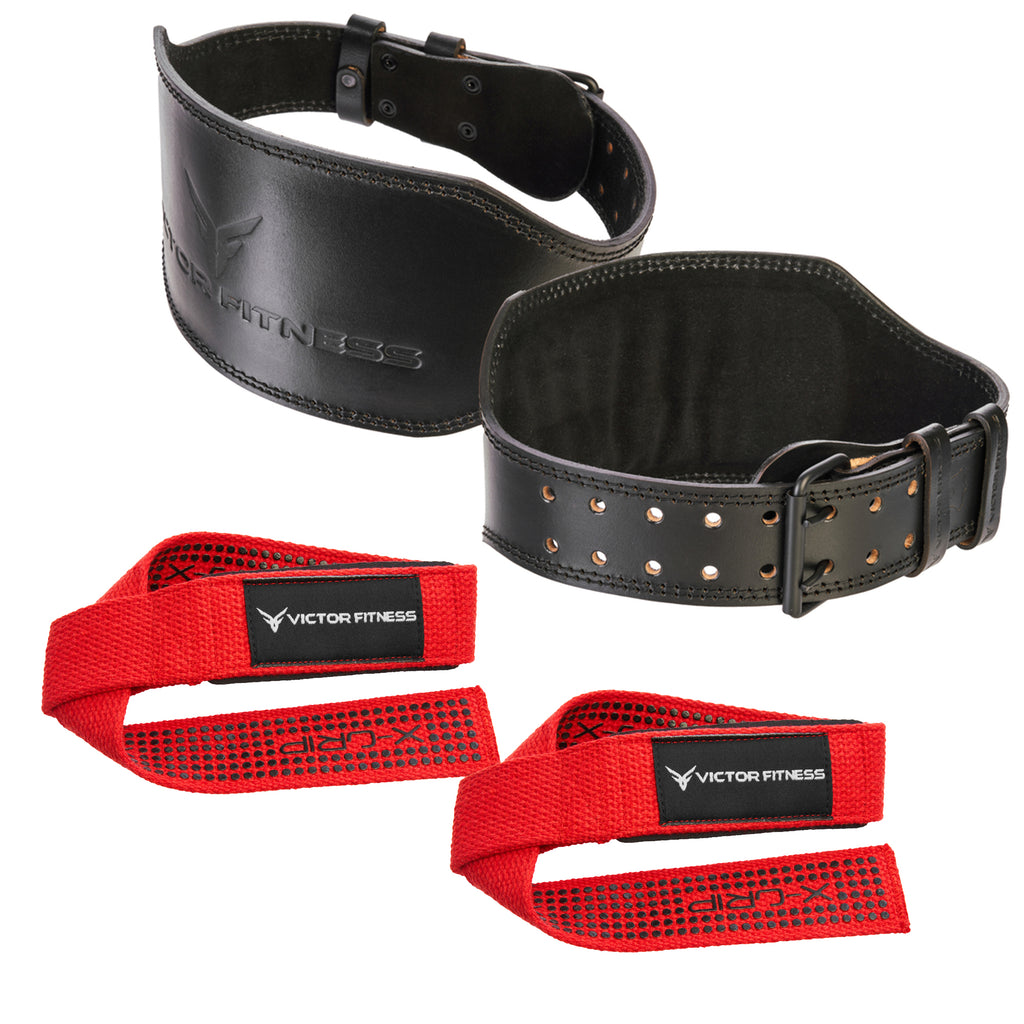 Top-Grain Leather Tapered Heavy-Duty Dual Prong Weightlifting Belt with 24" Padded Weightlifting Wrist Straps with X-Grip